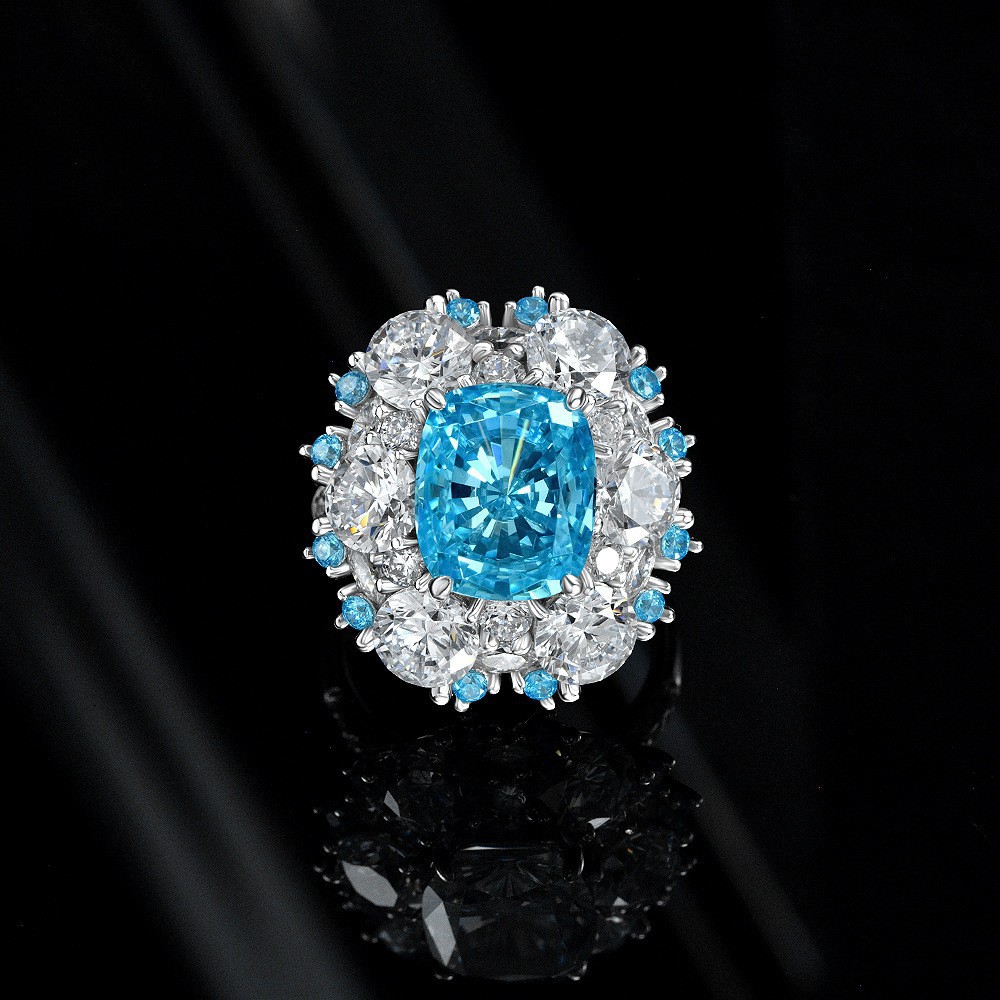 6Ct Cushion Cut Aquamarine Double Halo Pave Ring-Sterling Silver-lornajewelry