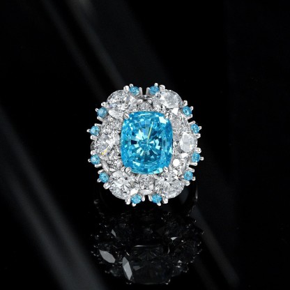 6Ct Cushion Cut Aquamarine Double Halo Pave Ring-Sterling Silver-lornajewelry