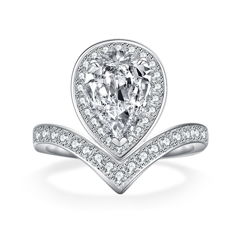 1Ct Moissanite Pear Cut with V-Shaped Band Halo Engagement Ring in Sterling Silver