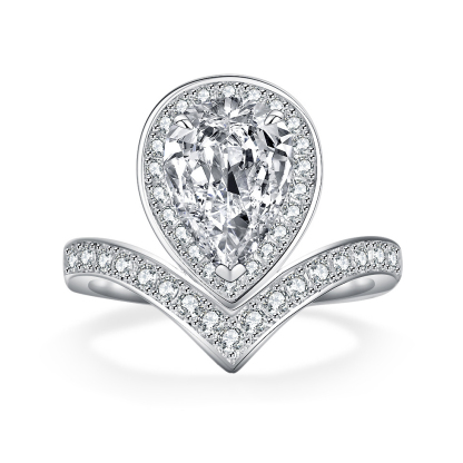 1Ct Moissanite Pear Cut with V-Shaped Band Halo Engagement Ring in Sterling Silver