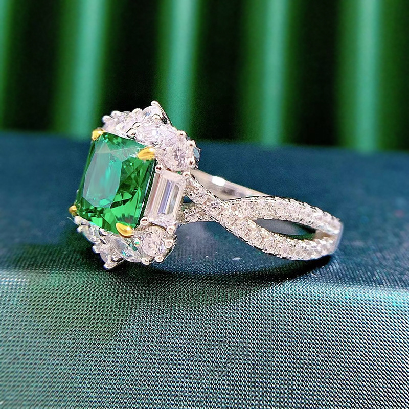 2Ct Green Cushion Cut Halo Split Shank Ring-Sterling Silver-lornajewelry