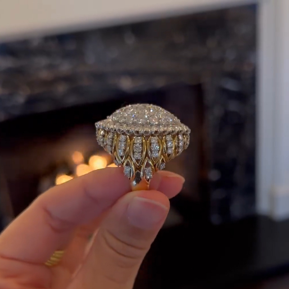 Luxury Round Cut Full Pave Sparkle Stylish Unique Design Engagement Ring in Sterling Silver