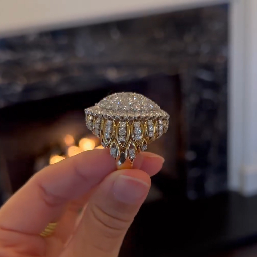 Luxury Round Cut Full Pave Sparkle Stylish Unique Design Engagement Ring in Sterling Silver