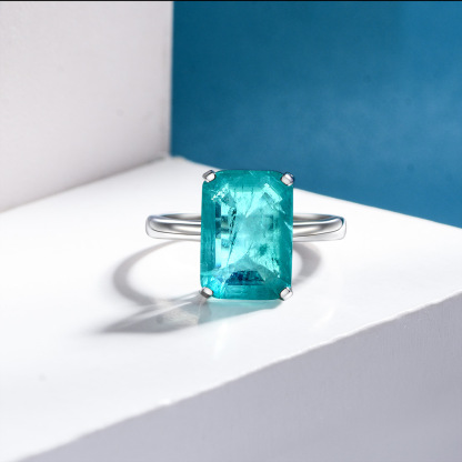 7Ct Emerald Cut Blue Paraiba Tourmaline Solitaire Ring-Sterling Silver-lornajewelry