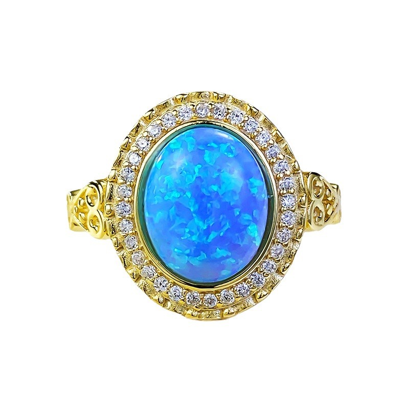 2.5Ct Oval Cut Blue Opal Halo Set Vintage Style Ring-Sterling Silver-lornajewelry