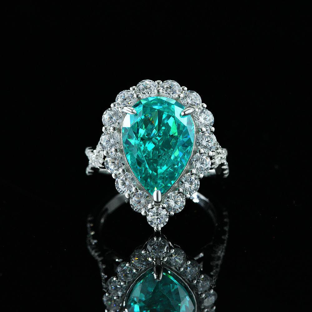 5Ct Radiant Paraiba Tourmaline Pear Cut Halo Pave Ring-Sterling Silver-lornajewelry