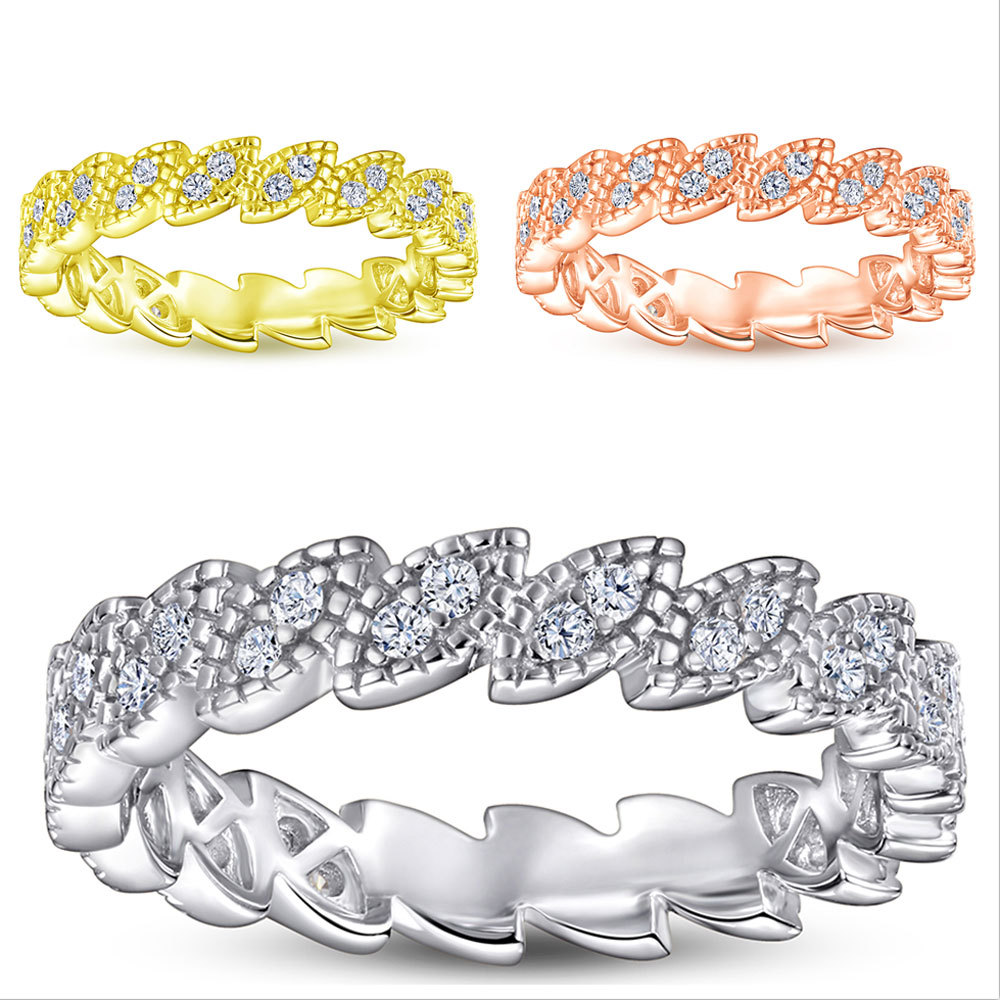 925 Sterling Silver Leaf Promise Yellow Gold Rose Gold White Wedding Band