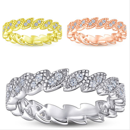 925 Sterling Silver Leaf Promise Yellow Gold Rose Gold White Wedding Band