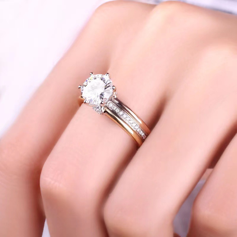 3Ct Round Cut Moissanite Tri-Color Pave Setting Sterling Silver Engagement Ring