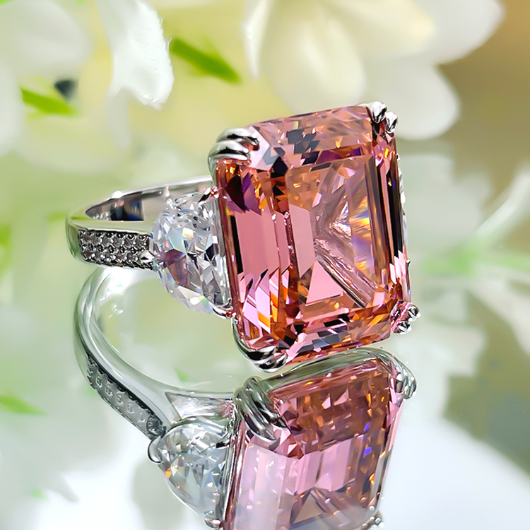 15Ct Emerald Cut Pink Diamond Three Stone Ring-Sterling Silver-lornajewelry