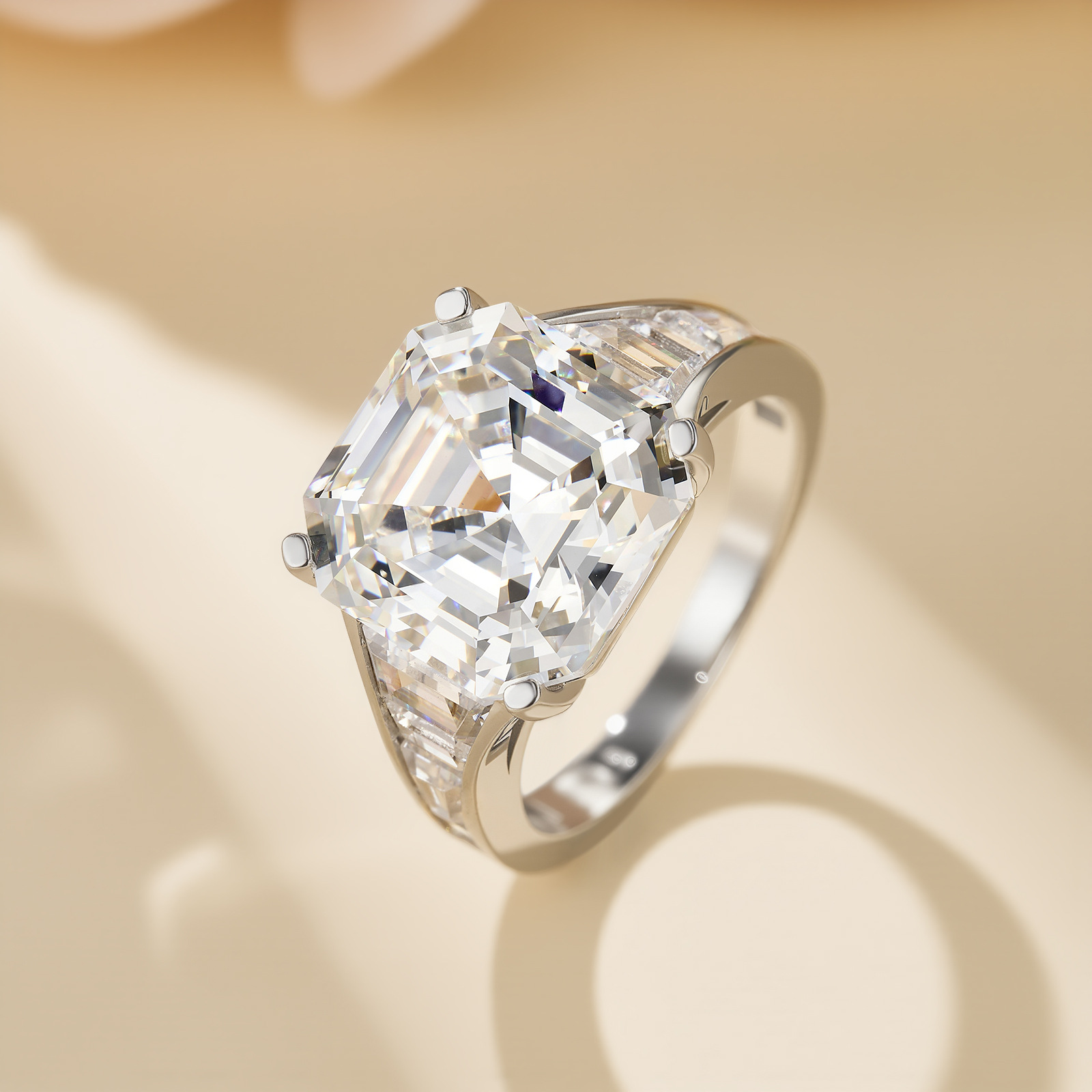 2Ct Moissanite Asscher Cut Engagement Ring with Baguette Side Stones in Sterling Silver