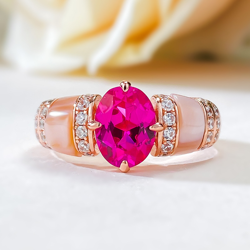 1Ct Rose Red Oval Cut Mother-of-Pearl Pave Setting Ring-Sterling Silver-lornajewelry