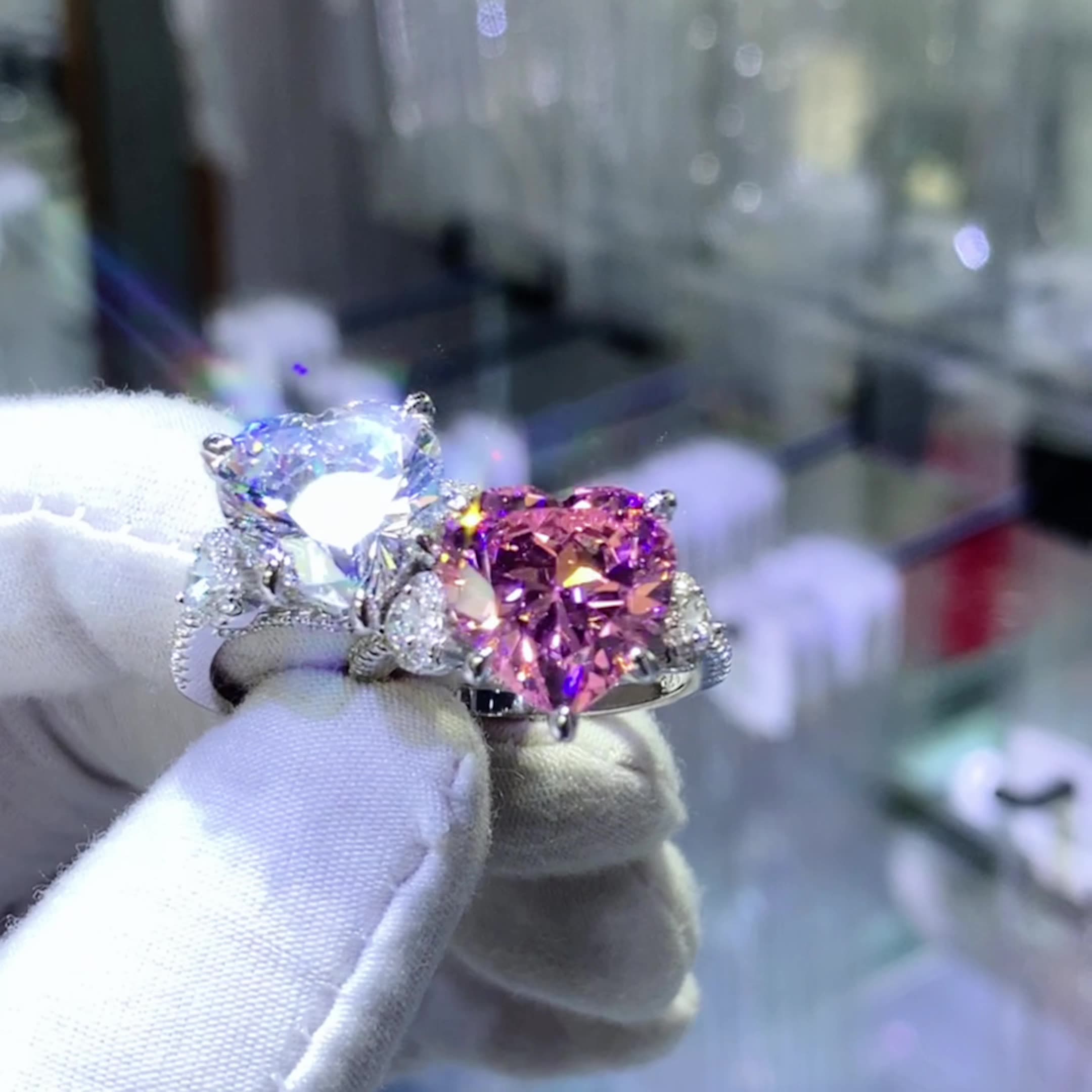 6Ct Pink Heart Cut Three-Stone Pave Engagement Ring in Sterling Silver-Sterling Silver-lornajewelry