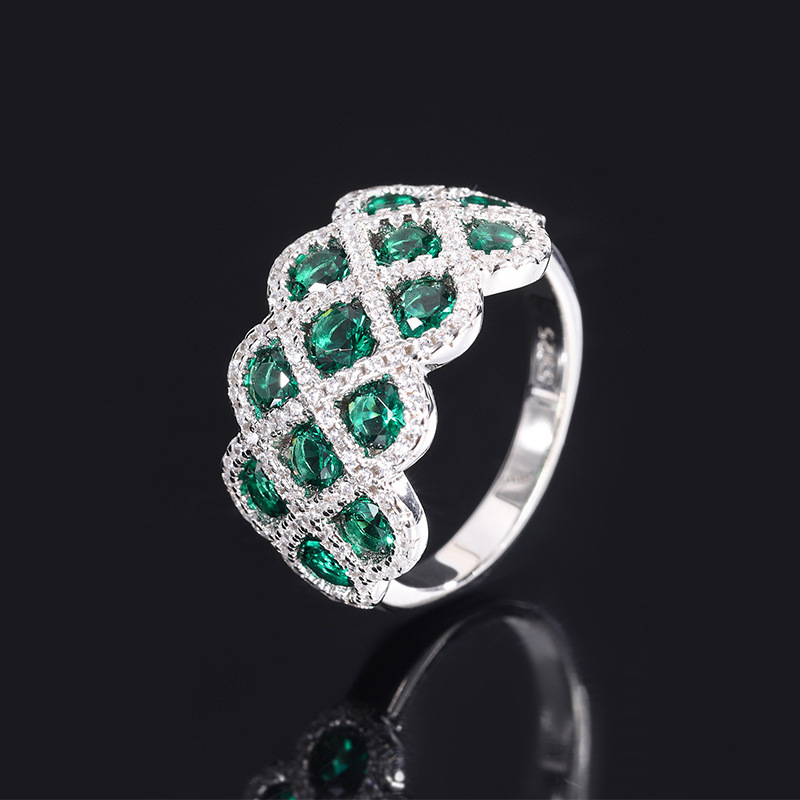 Green Round Cut White Pave Scalloped Setting Band-Sterling Silver-lornajewelry