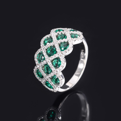 Green Round Cut White Pave Scalloped Setting Band-Sterling Silver-lornajewelry