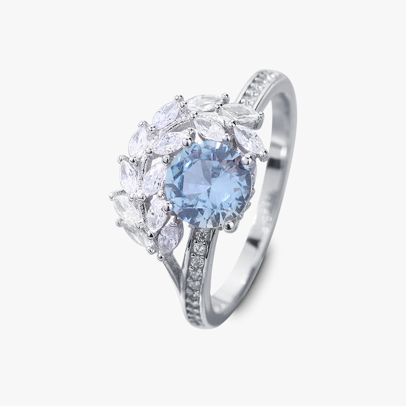 1Ct Moissanite Blue Round Cut Gemstone Leaf Marquise Setting Elegant Ring-Sterling Silver-lornajewelry