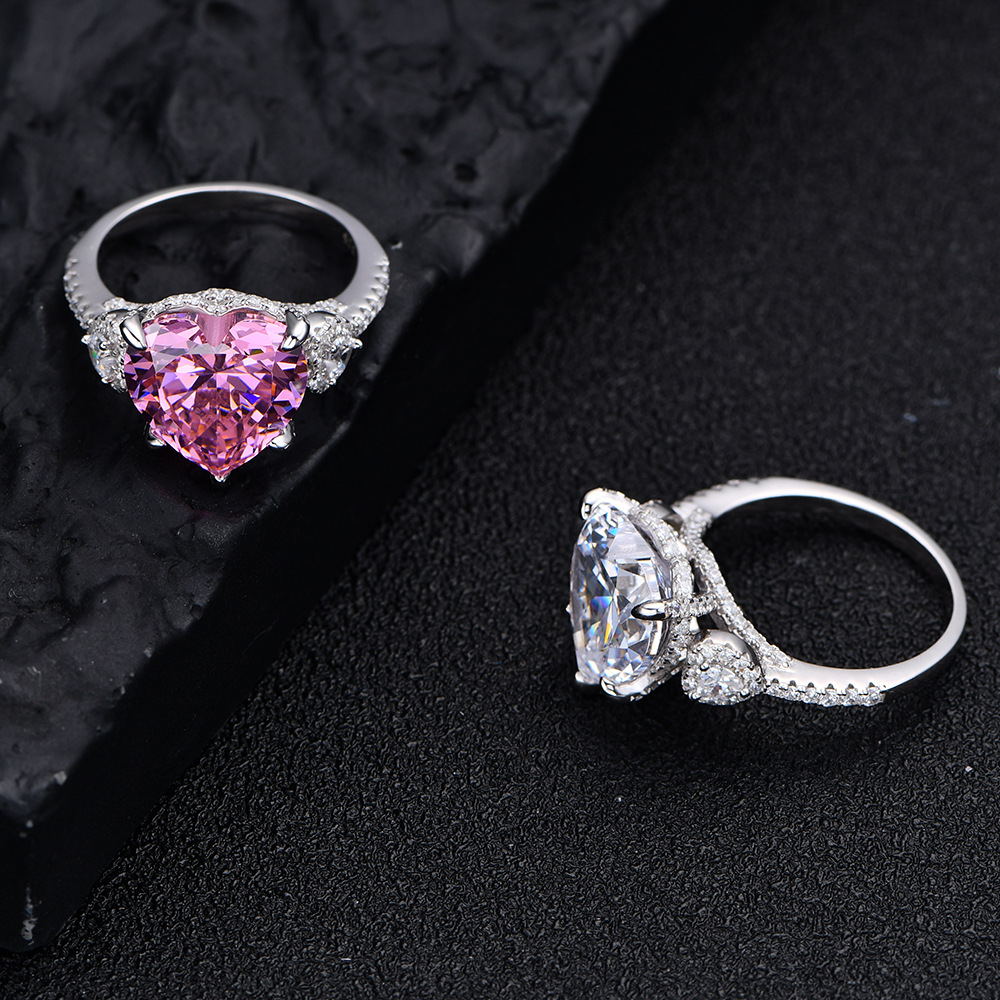 6Ct Pink Heart Cut Three-Stone Pave Engagement Ring in Sterling Silver-Sterling Silver-lornajewelry
