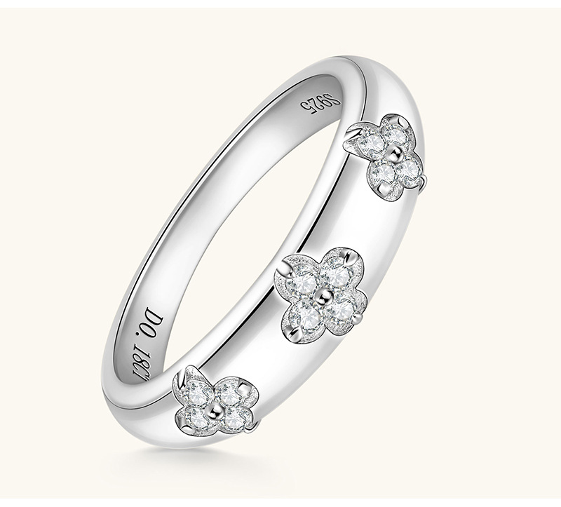 Moissanite Lucky Four Leaf Clover Design Wedding Band Ring In Sterling Silver