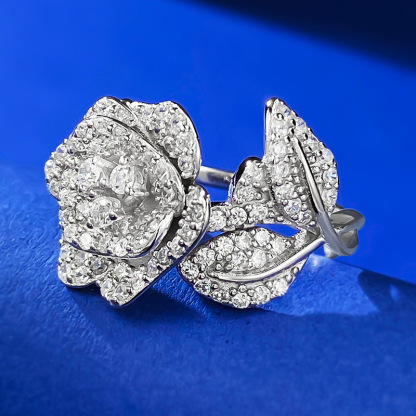 White Diamond Rose Pave Setting Ring-Sterling Silver-lornajewelry