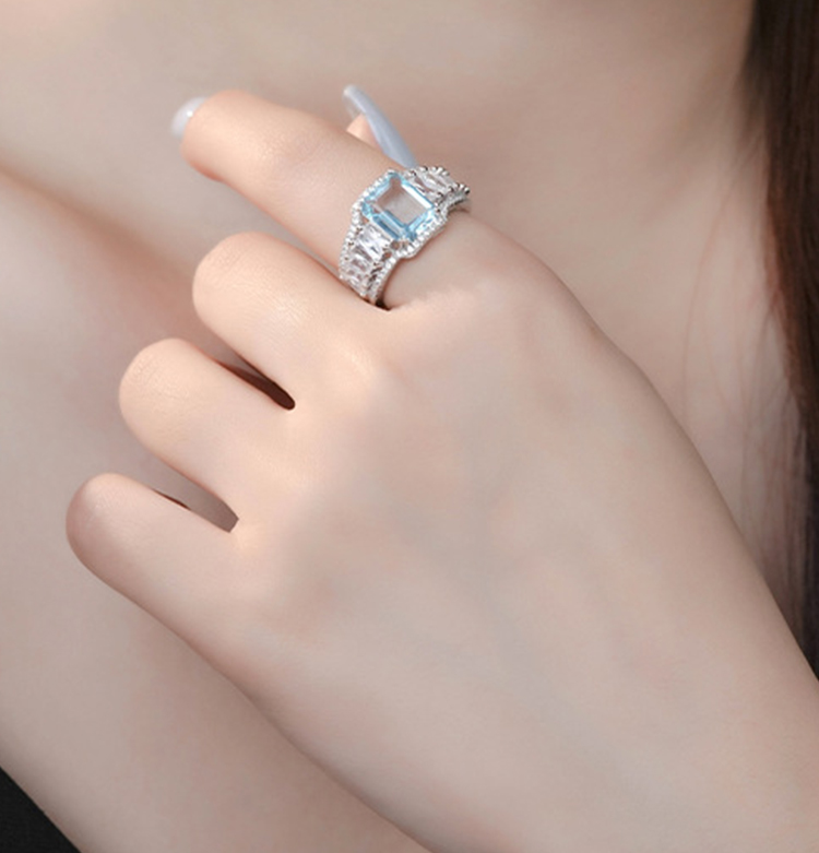 3Ct Aquamarine Blue Emerald Cut Pave Setting Vintage Ring-Sterling Silver-lornajewelry