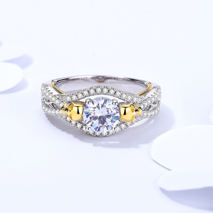 1Ct Moissanite Round Cut Two-Tone Gold and Silver Bridal Ring Set-Sterling Silver-lornajewelry