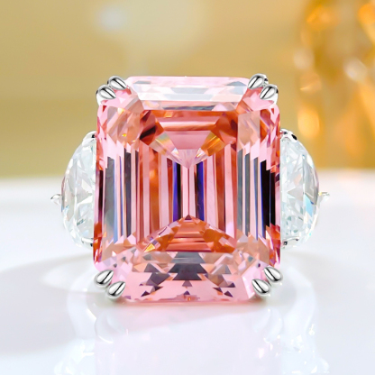 15Ct Emerald Cut Pink Diamond Three Stone Ring-Sterling Silver-lornajewelry