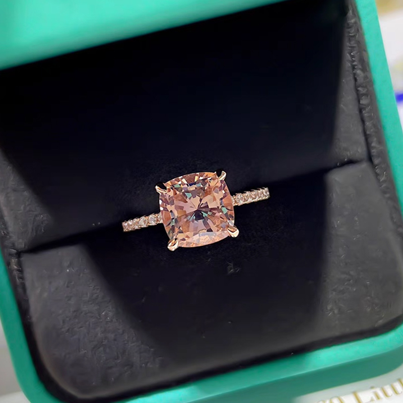 5Ct Rose Gold Peachy Pink Stone Cushion Cut Engagement Ring With Double Halo-Sterling Silver-lornajewelry