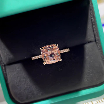 5Ct Rose Gold Peachy Pink Stone Cushion Cut Engagement Ring With Double Halo-Sterling Silver-lornajewelry