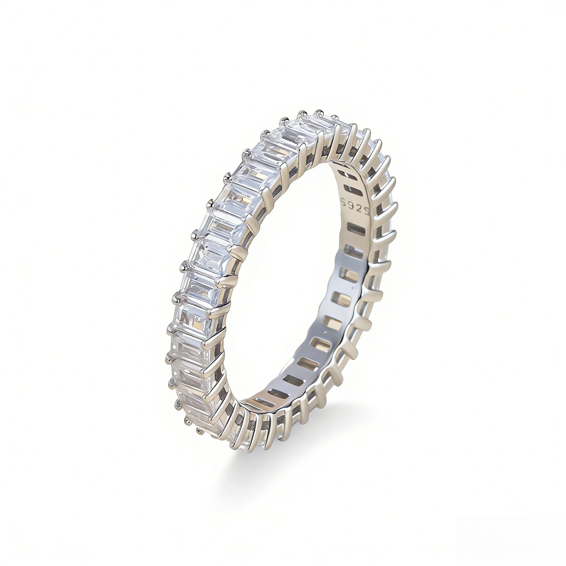 Moissanite Emerald Cut Full Eternity Wedding Band in Sterling Silver