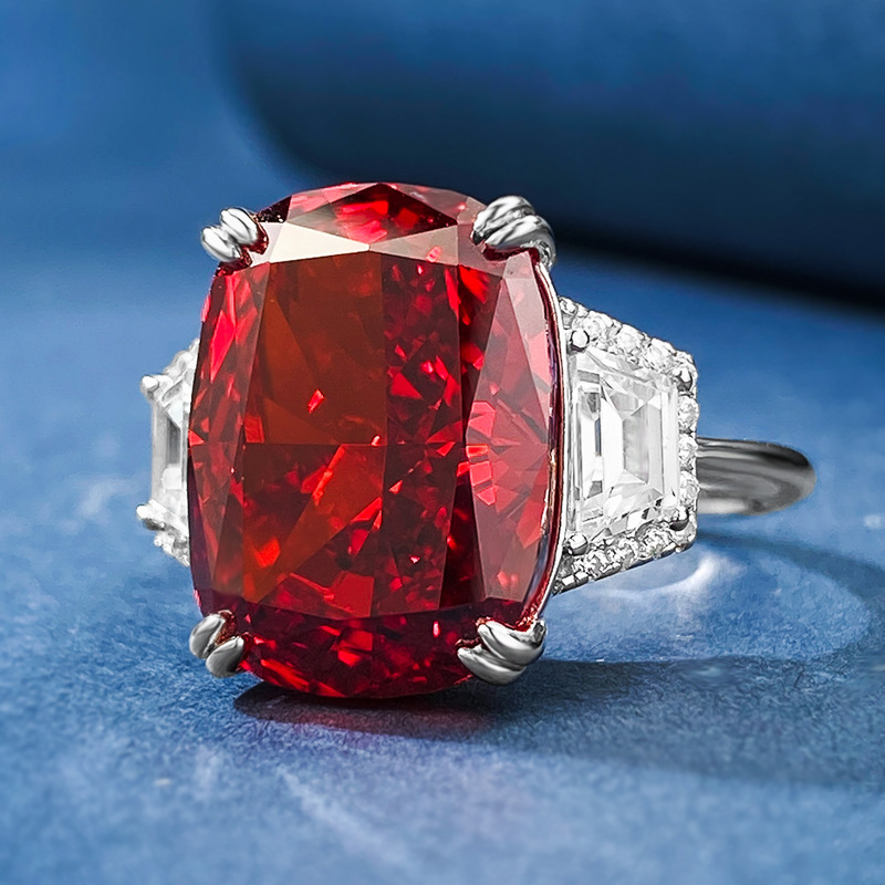 9Ct Ruby Cushion Cut Three-Stone Ring-Sterling Silver-lornajewelry