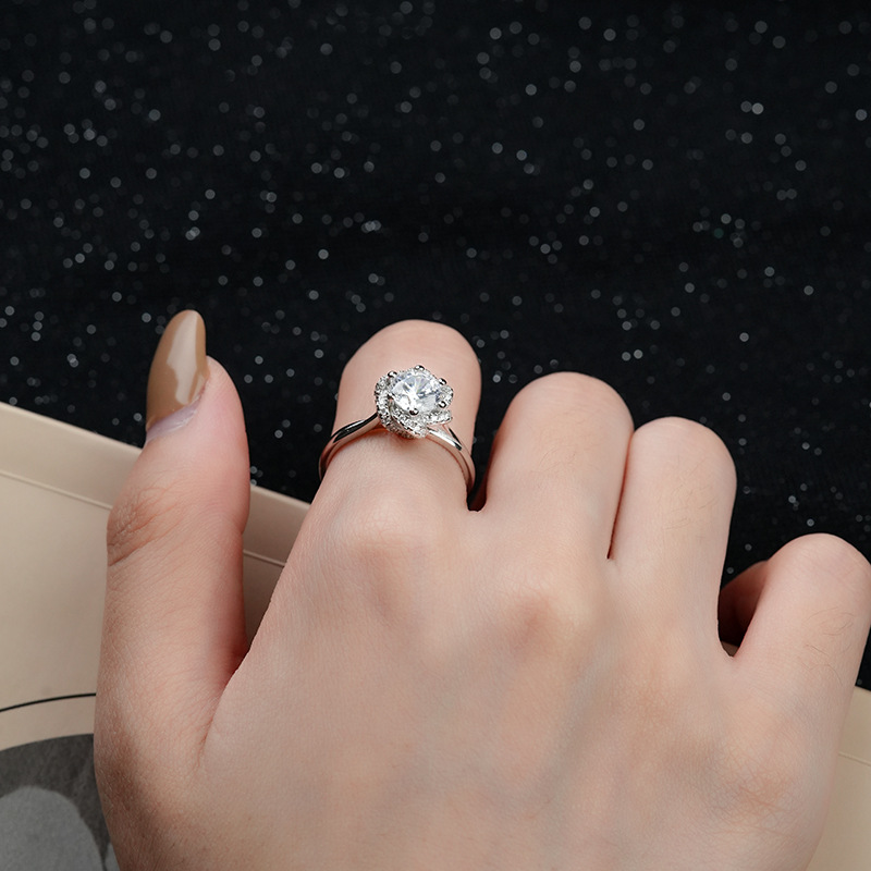 1Ct Moissanite Round Cut Flower Halo Ring-Sterling Silver-lornajewelry