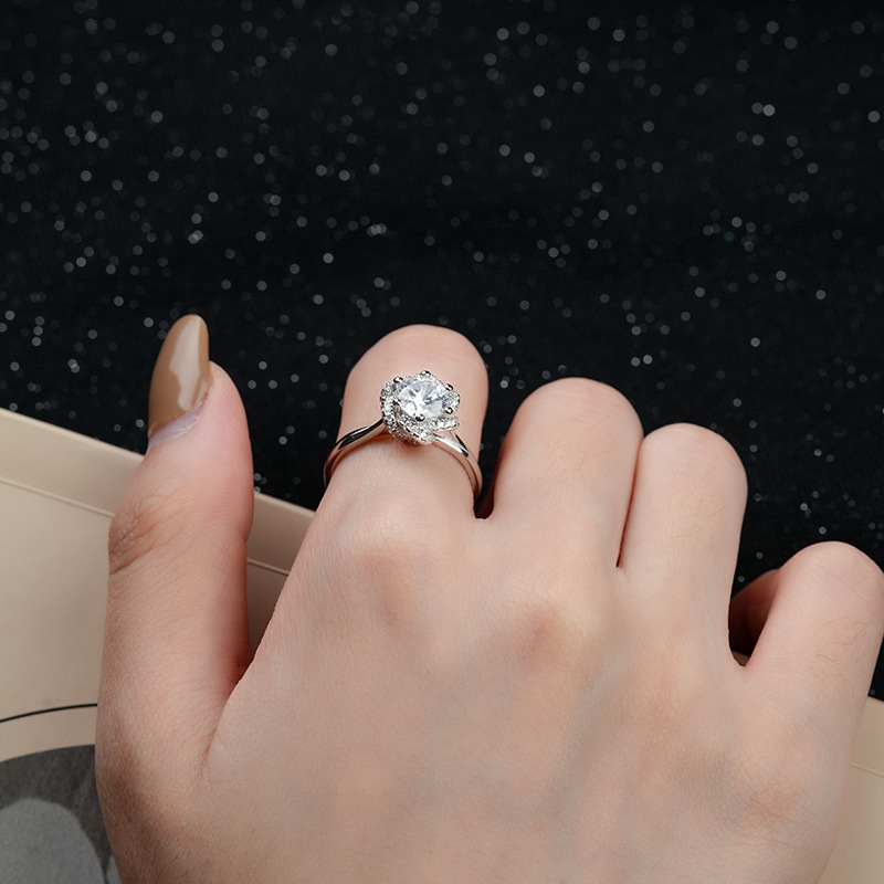 1Ct Moissanite Round Cut Flower Halo Ring-Sterling Silver-lornajewelry