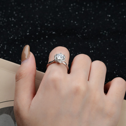 1Ct Moissanite Round Cut Flower Halo Ring-Sterling Silver-lornajewelry