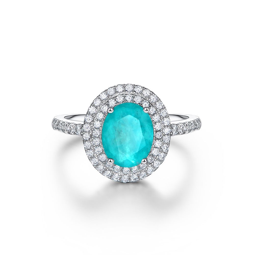 3Ct Oval Cut Blue Paraiba Tourmaline Double Halo Pave Setting Ring-Sterling Silver-lornajewelry