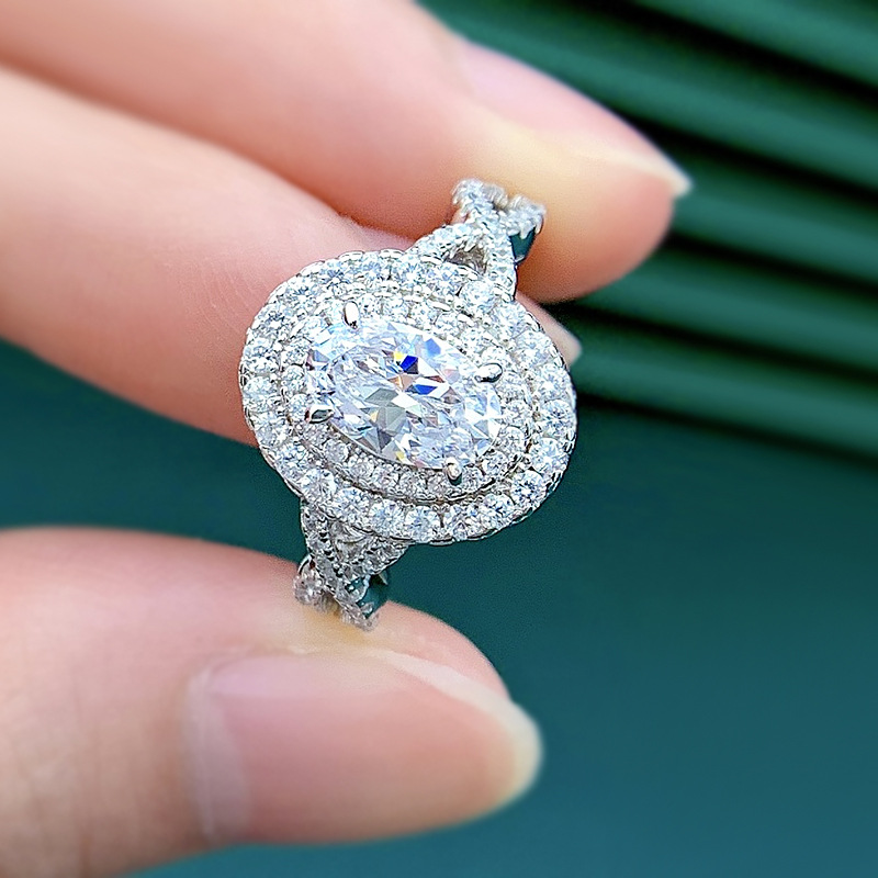 1Ct White Oval Cut Double Halo Setting Vintage Ring-Sterling Silver-lornajewelry