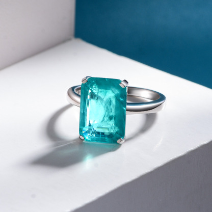 7Ct Emerald Cut Blue Paraiba Tourmaline Solitaire Ring-Sterling Silver-lornajewelry