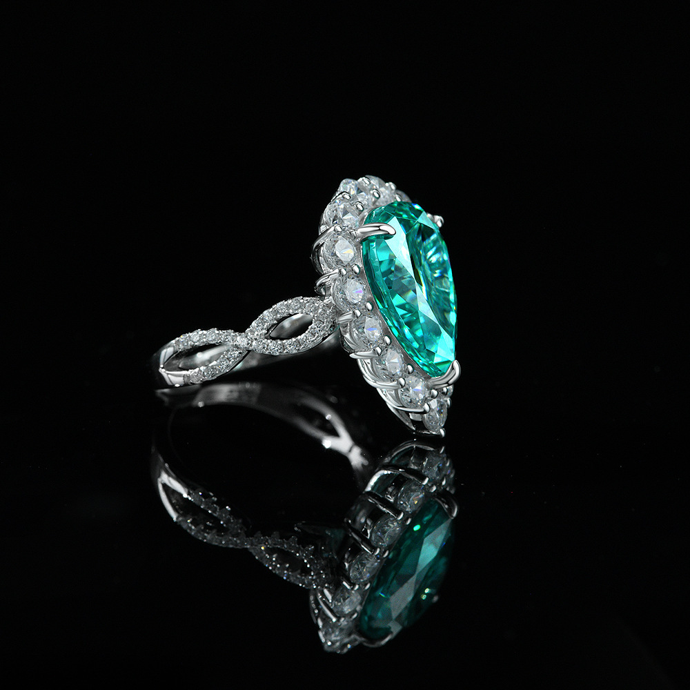 5Ct Radiant Paraiba Tourmaline Pear Cut Halo Pave Ring-Sterling Silver-lornajewelry
