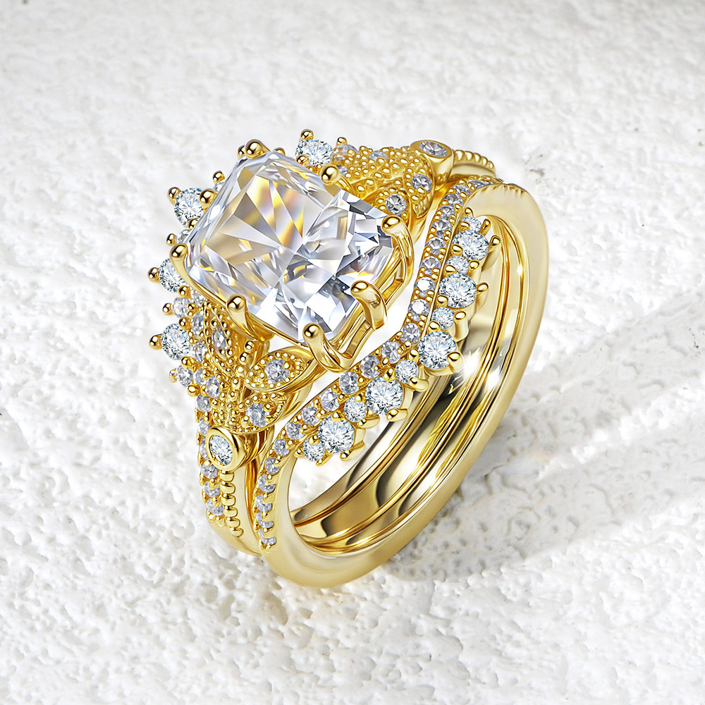 3Ct Radiant Cut Insert Luxury Stackable Crown Bridal Ring Set In Sterling Silver