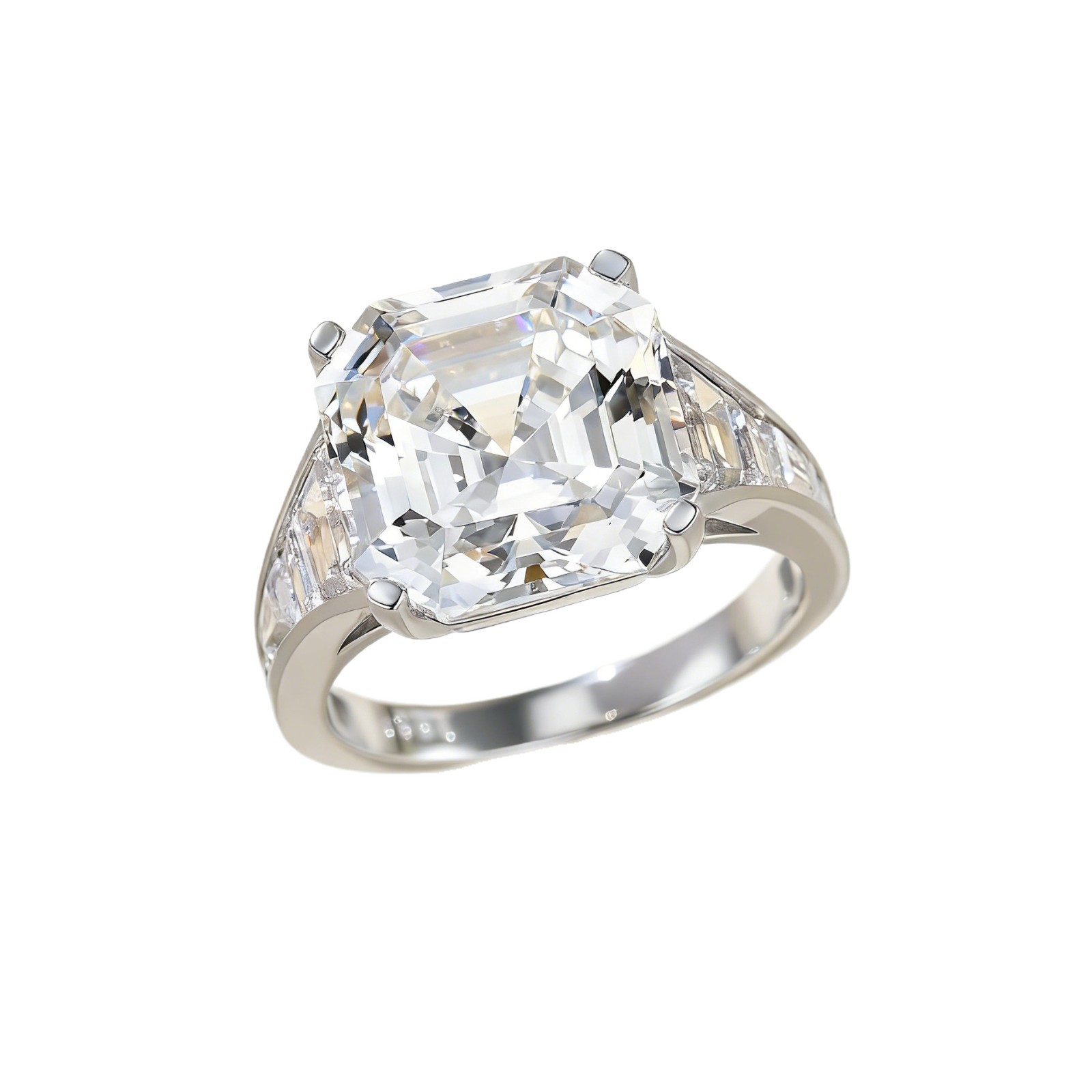 2Ct Moissanite Asscher Cut Engagement Ring with Baguette Side Stones in Sterling Silver