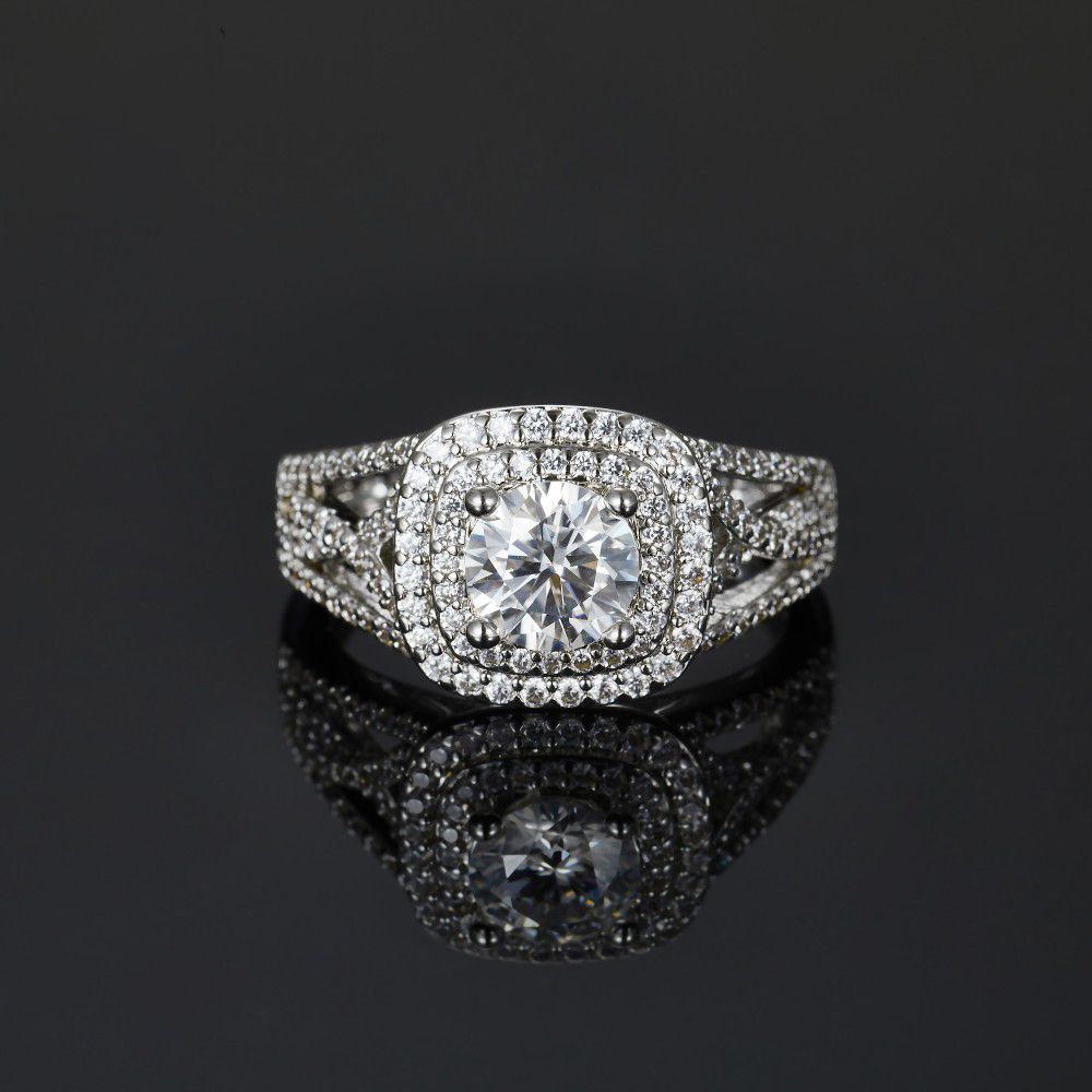 1Ct Moissanite Round Cut Double Halo Luxurious Pave Setting Sterling Silver Engagement Ring