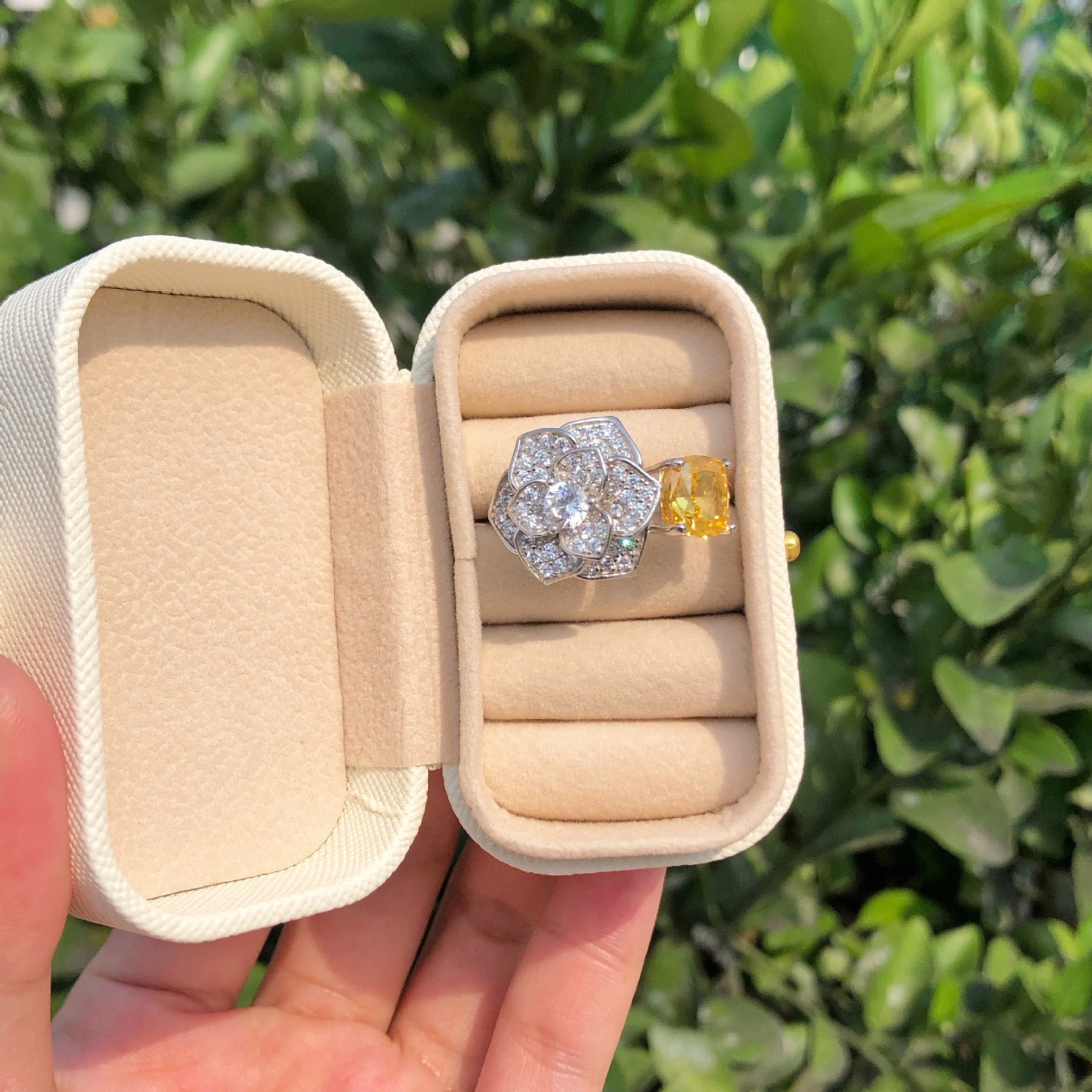 3Ct Yellow Cushion Cut Floral Pave Ring-Sterling Silver-lornajewelry