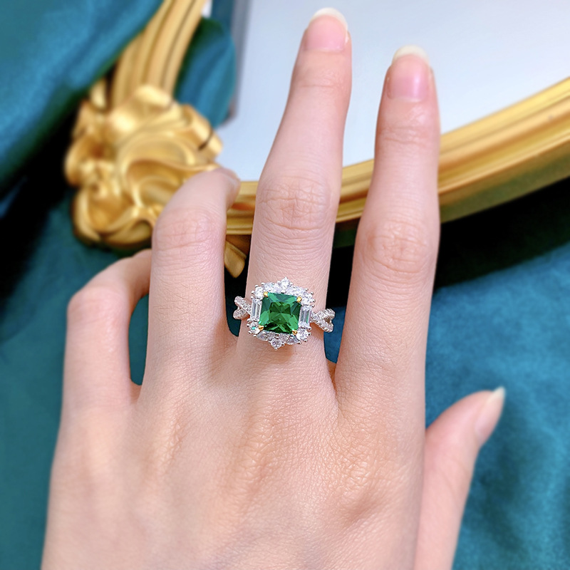 2Ct Green Cushion Cut Halo Split Shank Ring-Sterling Silver-lornajewelry