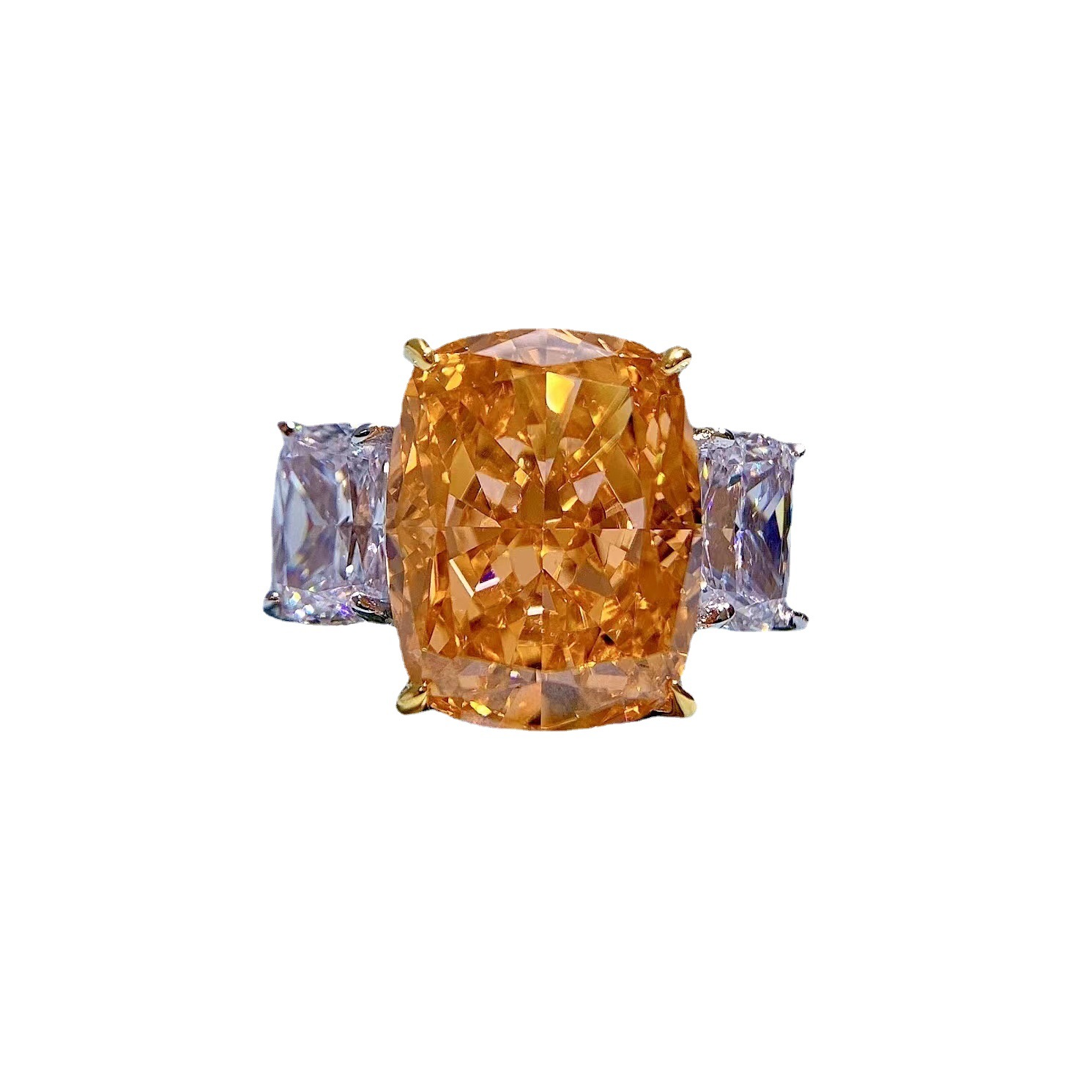 6.5Ct Cushion Cut Orange Diamond Three Stone Ring-Sterling Silver-lornajewelry