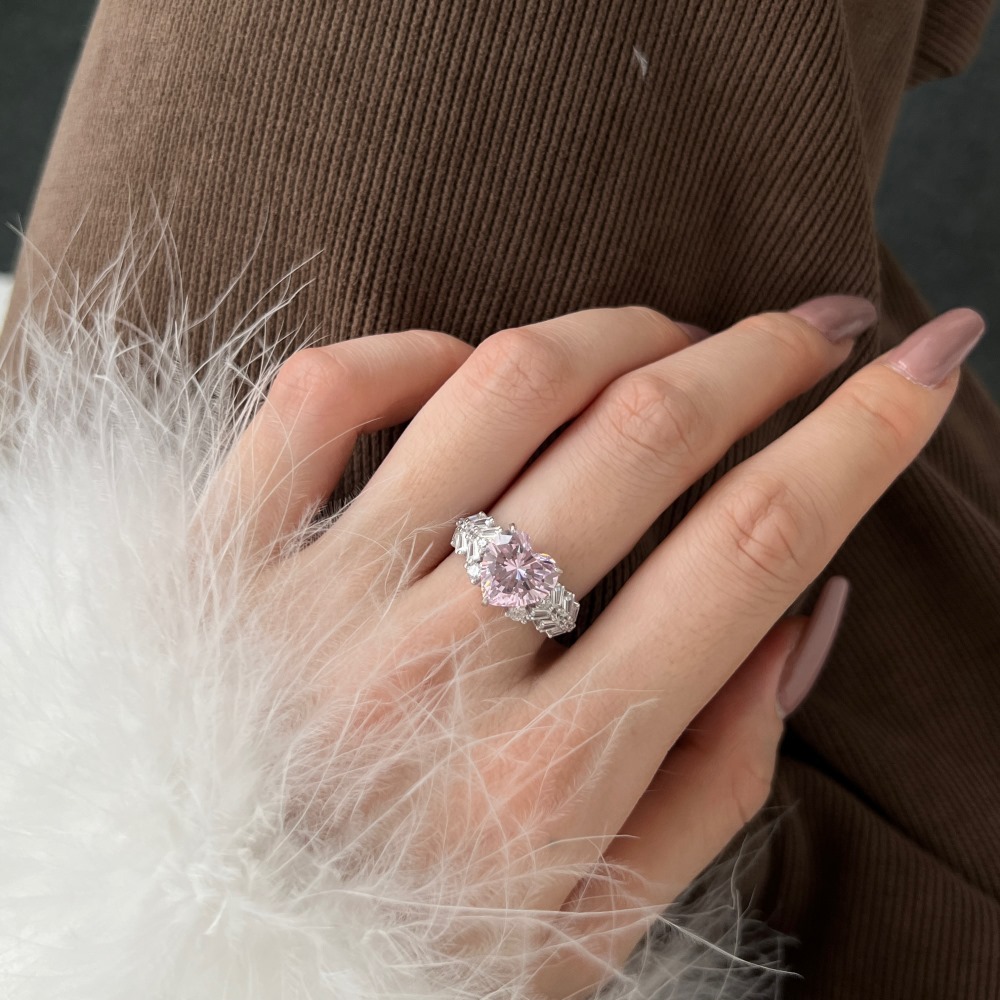 3.5Ct Pink Heart Cut Baguette Setting Ring-Sterling Silver-lornajewelry