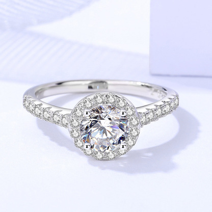 1Ct Moissanite Round Cut Halo Pave Setting Ring-Sterling Silver-lornajewelry