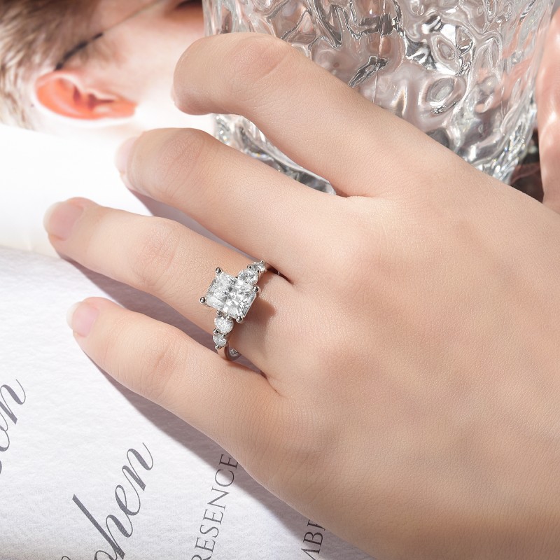 3Ct Moissanite Radiant Cut Round Side Chic Five-Diamond Statement Engagement Ring