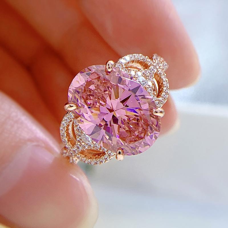 5.5Ct Pink Oval Cut Halo Setting Rose Gold Ring-Sterling Silver-lornajewelry