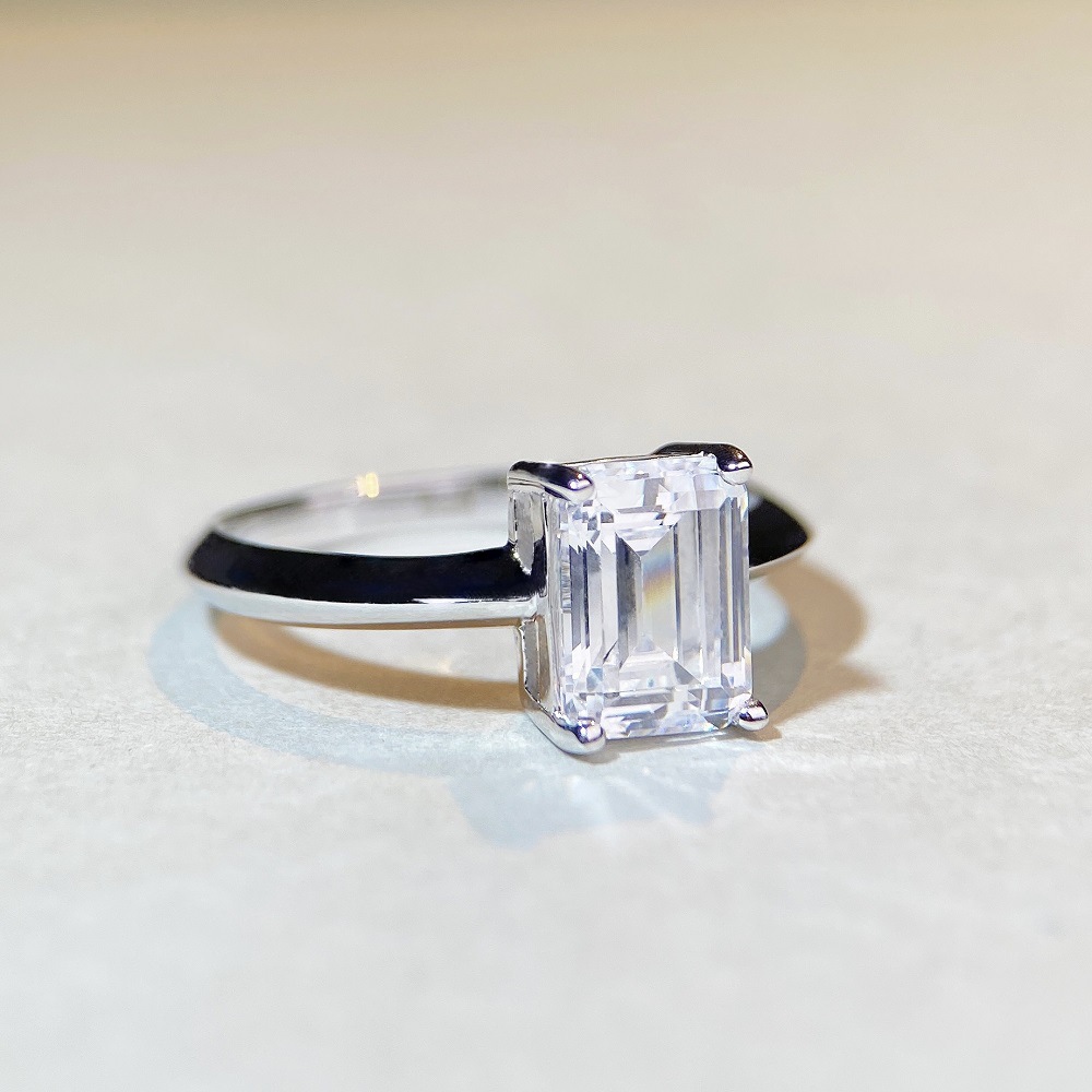 2Ct Moissanite Emerald Cut Solitaire Engagement Ring in Sterling Silver