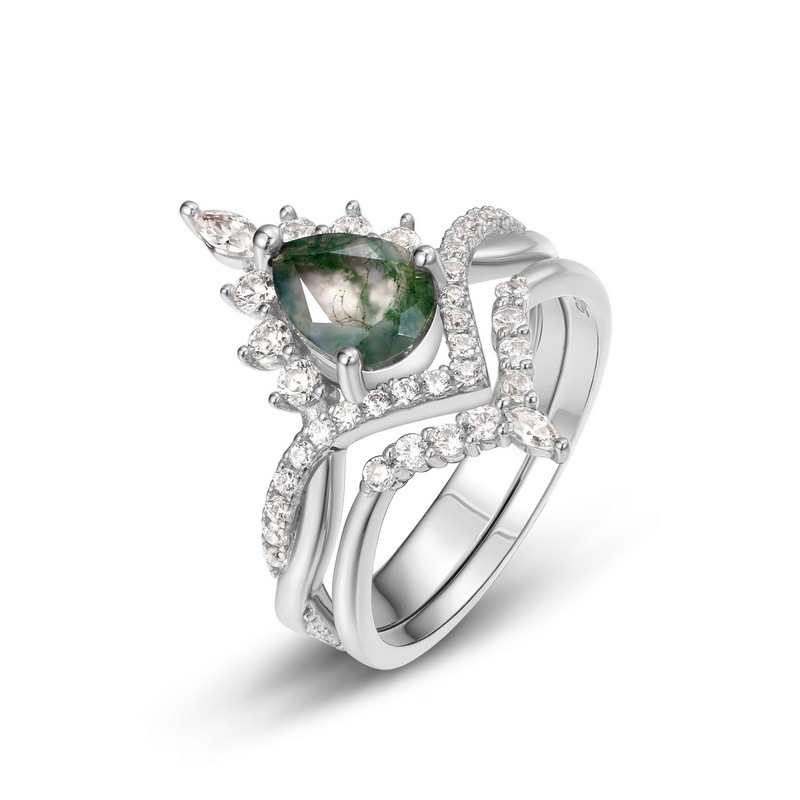 2Ct Yellow Gold Vintage Pear cut Natural Moss Agate Wedding Ring Set In Sterling Silver-Sterling Silver-lornajewelry