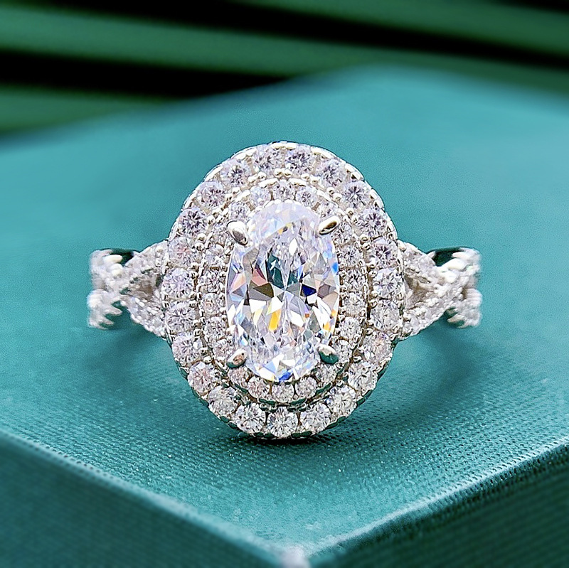 1Ct White Oval Cut Double Halo Setting Vintage Ring-Sterling Silver-lornajewelry